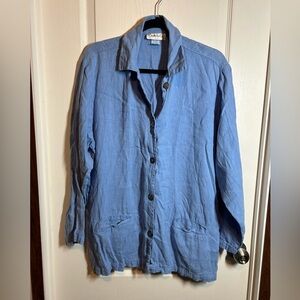 Vintage Camille & Co Women's Blue Button-Up Top - 100% Linen - Size Large